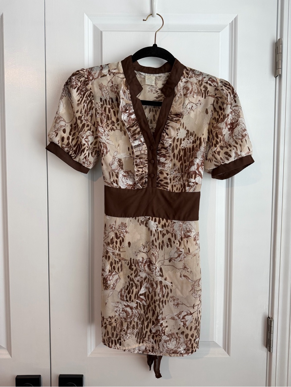 Y2K Charlotte Russe 100% Silk Animal Floral Print Tunic Top Brown Cream Size S